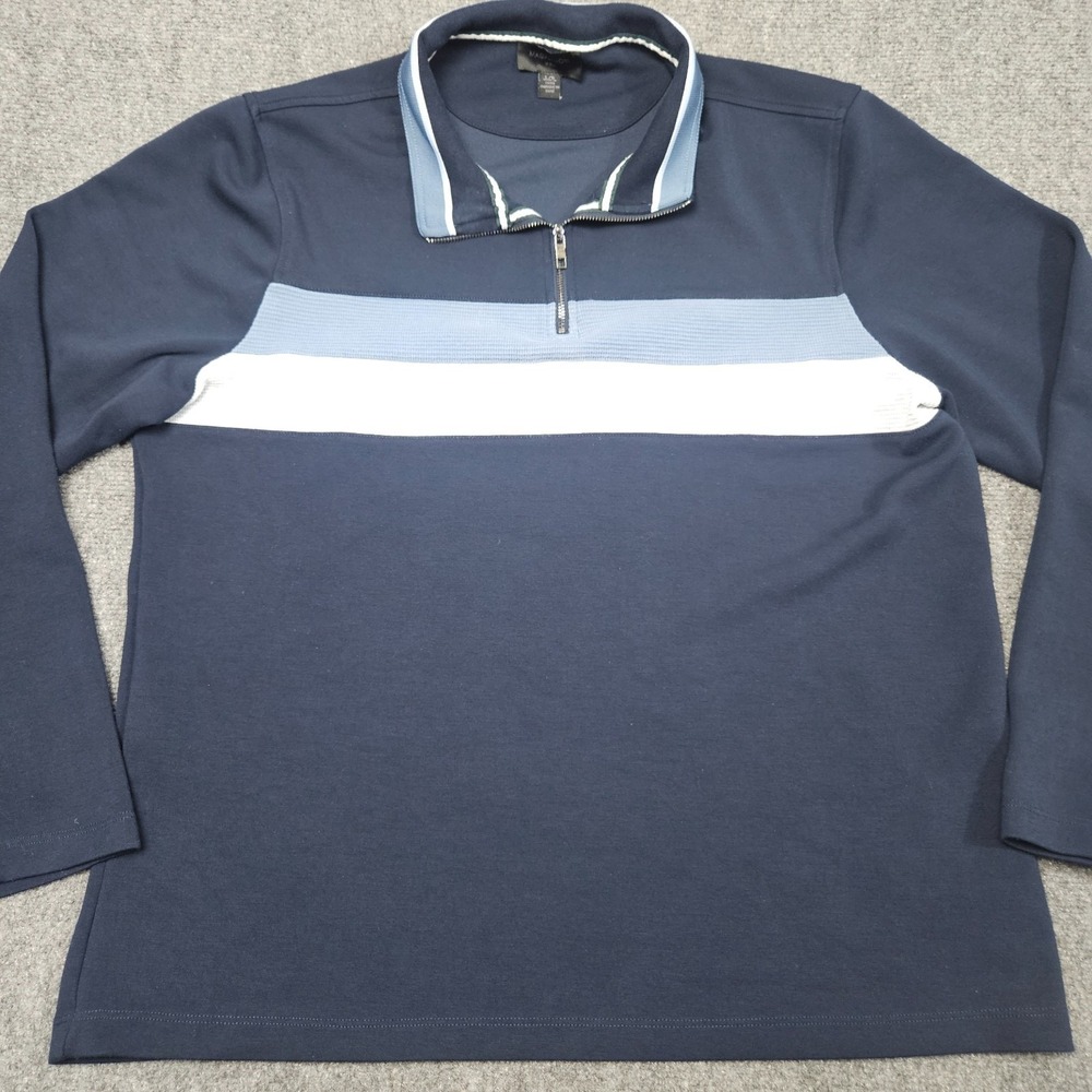 Magaschoni Man 1/4 Zip Polo Mens Large Navy Blue Colorblock Long Sleeve Pullover